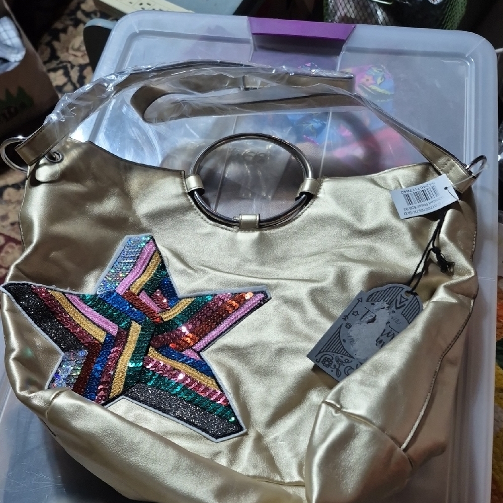 Gold Women's Shoulder Bag with Multicolor Sequin Star